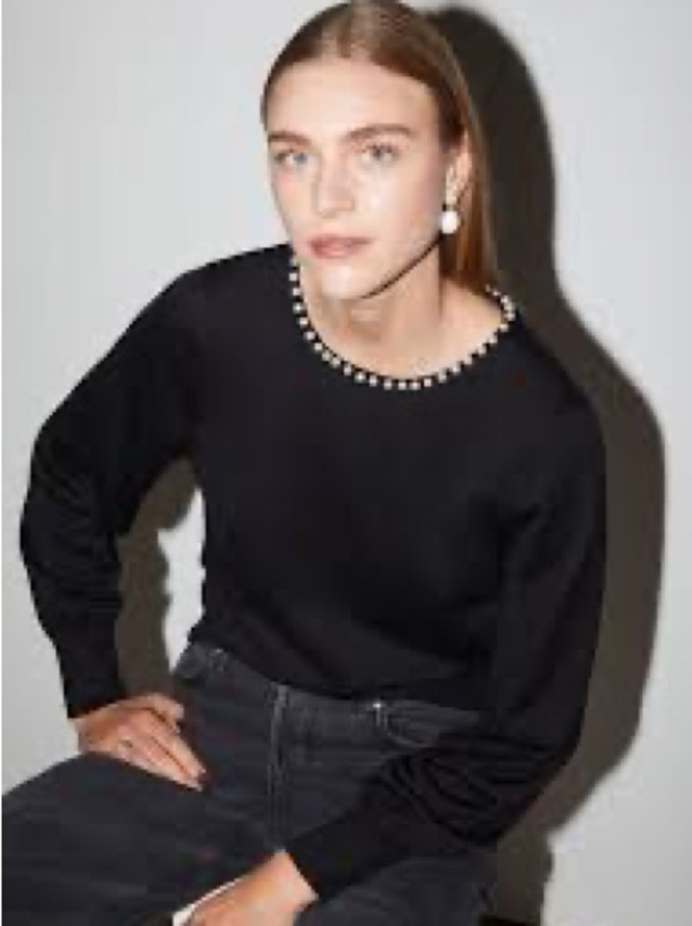 & Other Stories Black Crewneck Sweater with Pearl Trim